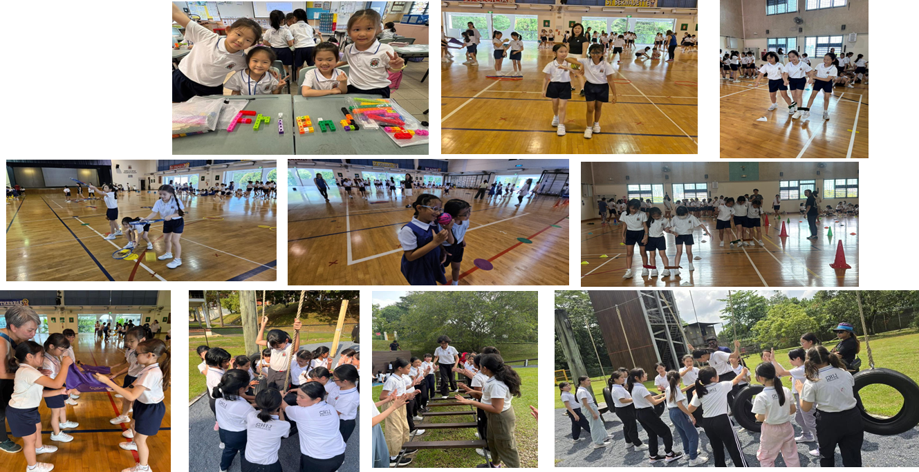 Collage of young students in uniforms doing classroom activities, outdoor walks, games, a science experiment, and a museum visit.